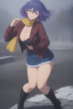 (masterpiece, best quality, 32K ultra HD anime, super high resolution, 1980s /(style/), perfect human anatomy, perfect anatomy), (side view, shot from below), looking at the camera, highlights of breasts,
(vermeil), mature woman, solo,
((short hair, (blue hair, wavy hair, gradient hair, purple hair with tips)), thick parted bangs, hair between eyes, beautiful thin long eyebrows, brown eyes, red rose earrings, pink lips, blush, smiling), (mouth slightly open),
((red leather jacket, yellow scarf), beautiful cleavage, denim skirt), black stockings, black boots,
attractive body, high body, beautiful clavicle line, (huge breasts; 0.3, firm firmness), beautiful hands, (beautiful fingers, 4 fingers, 1 thumb), slightly wide hips; 0.7, a little big_butt; 0.8, beautiful_legs, beautiful_knees, beautiful_calves, (beautiful_toes, 4 fingers, 1 thumb),
(dancing, dancing, legs wide open, doing various poses with both hands, on the cobblestones), (winter park, falling snow, blizzard, silver world),
, core_9_up, score_8_up, score_7_up, score_6_up, source_anime, BREAK, score_9,