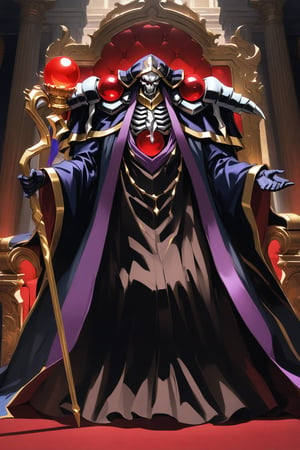 (masterpiece, best quality, 32K ultra-high resolution oil painting, super high resolution, artistic shading, accurate human anatomy, perfect anatomy),
(side view, bottom angle), full body shot, (eyes on camera),
Ainz Ooal Gown \(Overlord\), one boy, solo,
white skull, white skeleton, red eyes, glowing, glowing red ball in chest,
black hood with gold trim, (white giant shoulder pads, red balls inlaid), (black robe, purple trim), (scepter, seven-colored gemstone object held by snake on staff),
(palace background, huge stone pillars lined up, (red carpet, gold trim), luxurious throne, steps to the throne, huge coat of arms flag),
core_9_up, score_8_up, score_7_up, score_6_up, source_anime,