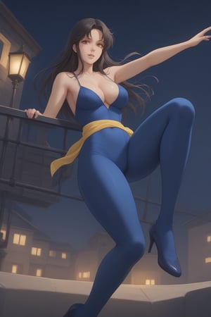 (masterpiece, best quality, 32K Ultra HD anime, super high resolution, 1980s /(style/), traditional media, perfect human anatomy, perfect anatomy),
(front view, shot from below), looking at the camera, highlights on breasts,
(fh1to), mature woman, solo,
((long hair, black hair, straight hair, messy hair, unevenly parted bangs, beautiful thin long eyebrows, (brown eyes, thin eyes, kind eyes), pink lips, blushing, teary eyes, smiling), heavy breathing, white breath, slightly open mouth, drooling,
attractive body, plump body, voluptuous body, beautiful collarbone line, (large breasts; 0.5, firm breasts, traces of erect nipples), beautiful deep cleavage, beautiful hands, (beautiful fingers, four fingers, one thumb), smooth stomach, slightly wide waist; 0.7, slightly large buttocks; 0.1, beautiful pussy line, beautiful legs, beautiful knees, beautiful calves, (beautiful toes, four fingers, one thumb),
(blue_catsuit_yellow_belt, yellow scarf around waist, blue tights, blue high heels),
(jumping in, hugging, jumping, arms wide open, legs wide open, to the viewer, on the roof of a building, in the darkness of night),
(scenery on the roof of a building, big building, iron piping, outdoor unit, searchlight, iron door, iron fence, night),
core_9_up, score_8_up, score_7_up, score_6_up, source_anime, BREAK, score_9, score_4_up, score_5_up,