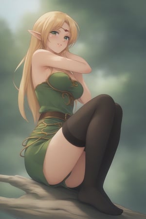 (masterpiece, best quality, 32K ultra HD anime, super high resolution, 1980s /(style/), perfect human anatomy, perfect anatomy), (side view, shot from below), looking at camera, highlights breasts,
(Deedlit), mature woman, elf, solo,
((long hair, blonde hair, center parted bangs, circlet, beautiful long thin eyebrows, lime green eyes, pointed ears, pink lips, blushing, smiling), (mouth slightly open),
(((Deedlit's lime green dress, sleeveless, gold trimmed), (green armor, gold trimmed)), belt, (lime green short skirt, gold trimmed)), black stockings, black boots,
attractive body, high body, beautiful clavicle line, (large breasts; 0.3, firm firmness), beautiful hands, (beautiful fingers, 4 fingers, 1 thumb), slightly wide hips; 0.7, a little big_buttocks; 0.8, beautiful_legs, beautiful_knees, beautiful_calves, (beautiful_toes, 4 fingers, 1 thumb),
(sitting, on a tree branch, legs wide open, on a big tree branch), (forest scenery, big tree branch, big tree, deep forest),
, core_9_up, score_8_up, score_7_up, score_6_up, source_anime, BREAK, score_9, score_9_up