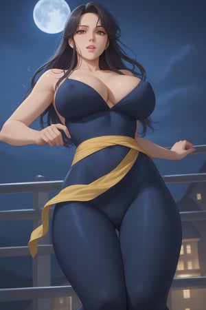 (masterpiece, best quality, 32K Ultra HD anime, ultra high resolution, 1980s /(style/), traditional media, perfect human anatomy, perfect anatomy),
(front view, shot from below), looking at the camera, highlights on breasts,
(fh1to), mature woman, solo,
((long hair, black hair, straight hair, messy hair, unevenly parted bangs, beautiful thin long eyebrows, (brown eyes, thin eyes, kind eyes), pink lips, blushing, teary eyes, smiling), heavy breathing, white breath, slightly open mouth, drooling,
attractive body, plump body, voluptuous body, beautiful collarbone line, (large breasts; 0.5, firm breasts, traces of erect nipples), beautiful deep cleavage, beautiful hands, (beautiful fingers, four fingers, one thumb), smooth stomach, slightly wide waist; 0.7, slightly large buttocks; 0.1, beautiful Beautiful pussy line, beautiful legs, beautiful knees, beautiful calves, (beautiful toes, four fingers, one thumb),
(blue_catsuit_yellow_belt, yellow scarf around waist, blue tights, blue high heels),
(jumping in, hugging, jumping, arms wide open, legs wide open, at the viewer, from high up, with the moon at her back, in the darkness of the night),
(rooftop scenery, big building, iron piping, air conditioner, searchlight, iron door, iron fence, night, big moon behind),
core_9_up, score_8_up, score_7_up, score_6_up, source_anime, BREAK, score_9, score_4_up, score_5_up,