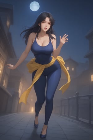 (masterpiece, best quality, 32K Ultra HD anime, ultra high resolution, 1980s /(style/), traditional media, perfect human anatomy, perfect anatomy),
(front view, shot from below), looking at the camera, highlights on breasts,
(fh1to), mature woman, solo,
((long hair, black hair, straight hair, messy hair, unevenly parted bangs, beautiful thin long eyebrows, (brown eyes, thin eyes, kind eyes), pink lips, blushing, teary eyes, smiling), heavy breathing, white breath, slightly open mouth, drooling,
attractive body, plump body, voluptuous body, beautiful collarbone line, (large breasts; 0.5, firm breasts, traces of erect nipples), beautiful deep cleavage, beautiful hands, (beautiful fingers, four fingers, one thumb), smooth stomach, slightly wide waist; 0.7, slightly large buttocks; 0.1, beautiful Beautiful pussy line, beautiful legs, beautiful knees, beautiful calves, (beautiful toes, four fingers, one thumb),
(blue_catsuit_yellow_belt, yellow scarf around waist, blue tights, blue high heels),
(jumping in, hugging, jumping, arms wide open, legs wide open, at the viewer, from high up, with the moon at her back, in the darkness of the night),
(rooftop scenery, big building, iron piping, air conditioner, searchlight, iron door, iron fence, night, big moon behind),
core_9_up, score_8_up, score_7_up, score_6_up, source_anime, BREAK, score_9, score_4_up, score_5_up,