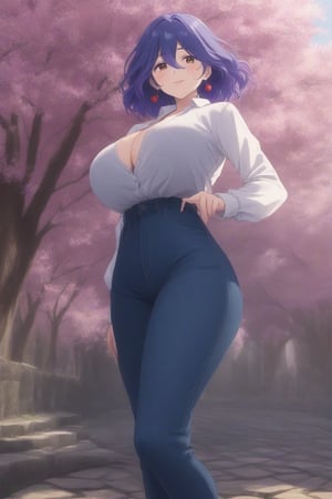 (masterpiece, best quality, 32K ultra HD anime, super high resolution, 1980s /(style/), perfect human anatomy, perfect anatomy), (side view, shot from below), looking at the camera, highlights of breasts,
(vermeil), mature woman, solo,
((short hair, (blue hair, wavy hair, gradient hair, purple hair with tips)), thick parted bangs, hair between eyes, beautiful thin long eyebrows, brown eyes, red rose earrings, pink lips, blush, smiling), (slightly pouting),
((dress shirt), beautiful cleavage, jeans pants), black pumps,
attractive body, high body, beautiful clavicle line, (huge breasts; 0.3, firm, firm), beautiful hands, (beautiful fingers, 4 fingers, 1 thumb), slightly wide hips; 0.7, slightly large ass; 0.8, beautiful_legs, beautiful_knees, beautiful_calves, (beautiful_toes, 4 fingers, 1 thumb),
(standing, legs apart, facing up, on cobblestones), (spring park, cherry blossoms in full bloom, cherry tree, cherry blossoms blowing in the wind),
, core_9_up, score_8_up, score_7_up, score_6_up, source_anime,