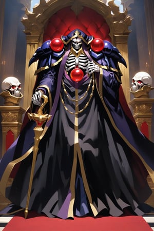 (masterpiece, best quality, 32K ultra-high resolution oil painting, super high resolution, artistic shading, accurate human anatomy, perfect anatomy),
(side view, bottom angle), full body shot, (eyes on camera),
Ainz Ooal Gown \(Overlord\), one boy, solo,
white skull, white skeleton, red eyes, glowing, glowing red ball in chest,
black hood with gold trim, (white giant shoulder pads, red balls inlaid), (black robe, purple trim), (scepter, seven-colored gemstone object held by snake on staff),
(palace background, huge stone pillars lined up, (red carpet, gold trim), luxurious throne, steps to the throne, huge coat of arms flag),
core_9_up, score_8_up, score_7_up, score_6_up, source_anime,