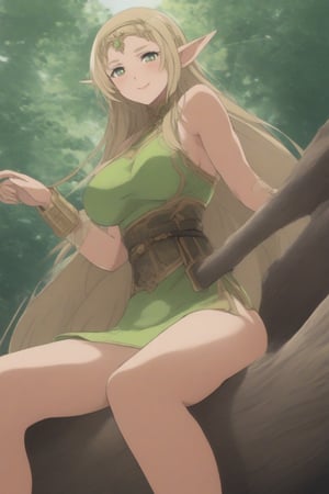 (masterpiece, best quality, 32K ultra HD anime, super high resolution, 1980s /(style/), perfect human anatomy, perfect anatomy), (side view, shot from below), looking at camera, highlights breasts,
(Deedlit), mature woman, elf, solo,
((long hair, blonde hair, center parted bangs, circlet, beautiful long thin eyebrows, lime green eyes, pointed ears, pink lips, blushing, smiling), (mouth slightly open),
(((Deedlit's lime green dress, sleeveless, gold trimmed), (green armor, gold trimmed)), belt, (lime green short skirt, gold trimmed)), black stockings, black boots,
attractive body, high body, beautiful clavicle line, (large breasts; 0.3, firm firmness), beautiful hands, (beautiful fingers, 4 fingers, 1 thumb), slightly wide hips; 0.7, a little big_buttocks; 0.8, beautiful_legs, beautiful_knees, beautiful_calves, (beautiful_toes, 4 fingers, 1 thumb),
(sitting, on a tree branch, legs wide open, on a big tree branch), (forest scenery, big tree branch, big tree, deep forest),
, core_9_up, score_8_up, score_7_up, score_6_up, source_anime, score_9_up