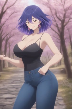 (masterpiece, best quality, 32K ultra HD anime, super high resolution, 1980s /(style/), perfect human anatomy, perfect anatomy), (side view, shot from below), looking at the camera, highlights of breasts,
(vermeil), mature woman, solo,
((short hair, (blue hair, wavy hair, gradient hair, purple hair with tips)), thick parted bangs, hair between eyes, beautiful thin long eyebrows, brown eyes, red rose earrings, pink lips, blush, smiling), (slightly pouting),
((dress shirt), beautiful cleavage, jeans pants), black pumps,
attractive body, high body, beautiful clavicle line, (huge breasts; 0.3, firm, firm), beautiful hands, (beautiful fingers, 4 fingers, 1 thumb), slightly wide hips; 0.7, slightly large ass; 0.8, beautiful_legs, beautiful_knees, beautiful_calves, (beautiful_toes, 4 fingers, 1 thumb),
(standing, legs apart, facing up, on cobblestones), (spring park, cherry blossoms in full bloom, cherry tree, cherry blossoms blowing in the wind),
, core_9_up, score_8_up, score_7_up, score_6_up, source_anime,