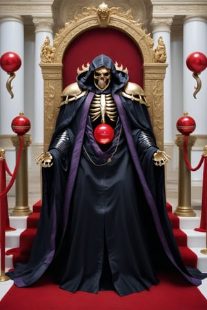 (masterpiece, best quality, 32K ultra HD animation, super high resolution, artistic shading, accurate human anatomy, perfect anatomy),
(side view, bottom angle), full body shot, (eyes on camera),
Ainz Ooal Gown \(Overlord\), one boy, solo,
skull, skeleton, red eyes, glowing, glowing red ball inside body
black hood with gold trim, (large white shoulder pads, red balls inlaid), (black robe, purple trim), (scepter, snake object holding seven colored gems in its mouth),
(palace background, huge stone pillars lined up, (red carpet, gold trim), luxurious throne, steps to the throne, huge coat of arms flag),
core_9_up, score_8_up, score_7_up, score_6_up, source_anime,