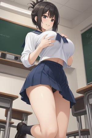 (masterpiece, best quality, 32K ultra HD anime, super high resolution, 1980s /(style/), perfect human anatomy, perfect anatomy, NSFW), (side view, shot from below), looking at camera, highlights of breasts,
(kanakojixl), mature woman, solo,
((short hair, black hair, folded ponytail, unevenly parted bangs, beautiful thin long eyebrows, black eyes, pink lips, blushing, smiling), (mouth slightly open),
navy blue sailor uniform collar, white shirt, navy blue sailor uniform skirt, black thong panties, school shoes,
attractive body, beautiful collarbone line, (large breasts; 0.3, firm, firm), beautiful hands, (beautiful fingers, 4 fingers, 1 thumb), slightly wide hips; 0.7, slightly large ass; 0.8, beautiful_legs, beautiful_knees, beautiful_calves, (beautiful_toes, 4_fingers, 1_thumb),
(standing, facing forward, legs wide open, hands clutching chest, in classroom), (school scene, dim light, classroom, podium, large blackboard, timetable, TV monitor),
, core_9_up, score_8_up, score_7_up, score_6_up, source_anime, BREAK, score_9,