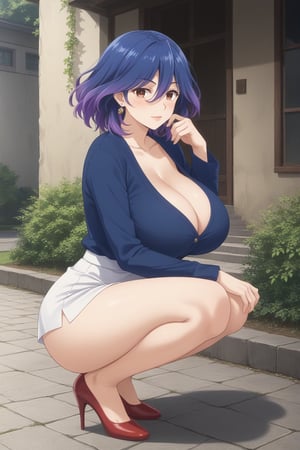 (masterpiece, best quality, 32K ultra HD anime, super high resolution, 1980s /(style/), perfect human anatomy, perfect anatomy), (side view, front shot), looking at camera, highlights of breasts,
(vermeil), mature woman, solo,
((short hair, (blue hair, wavy hair, gradient hair, purple hair)), thick parted bangs, hair between eyes, beautiful thin long eyebrows, brown eyes, red rose earrings, pink lips, blushing, serious face), (slightly pouting),
((navy blue shirt), beautiful cleavage, navy blue mini skirt), red high heels,
attractive body, high body, beautiful clavicle line, (huge breasts; 1.0, firm, firm), beautiful hands, (beautiful fingers, 4 fingers, 1 thumb), slightly wide hips; 0.7, slightly large buttocks; 0.8, beautiful_legs, beautiful_knees, beautiful_calves, (beautiful_toes, 4 fingers, 1 thumb),
(squatting with legs together, half-squatting, facing forward, on cobblestones), (stroking a puppy's head), (spring park scenery, cherry trees in full bloom, cherry blossoms fluttering in the wind),
, core_9_up, score_8_up, score_7_up, score_6_up, source_anime,