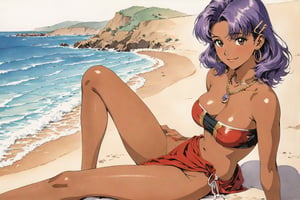 (masterpiece, top quality, super high resolution, anatomically accurate, perfect anatomy, exquisite details, traditional media, retro art style, 1980s style), 1 girl, solo, Nadia La Alwall, purple hair, dark skinned woman, red loincloth, jewelry, bandeau, purple hair, hair clip, red vest, necklace, beach, sitting, supporting arms, smiling, looking at viewer, source_anime, score 9, score 8 above, score 7 above, very detailed, clear lines