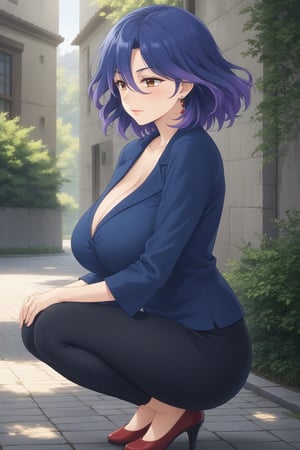 (masterpiece, best quality, 32K ultra HD anime, super high resolution, 1980s /(style/), perfect human anatomy, perfect anatomy), (side view, front shot), looking at camera, highlights of breasts,
(vermeil), mature woman, solo,
((short hair, (blue hair, wavy hair, gradient hair, purple hair)), thick parted bangs, hair between eyes, beautiful thin long eyebrows, brown eyes, red rose earrings, pink lips, blushing, serious face), (slightly pouting),
((navy blue shirt), beautiful cleavage, navy blue mini skirt), red high heels,
attractive body, high body, beautiful clavicle line, (huge breasts; 1.0, firm, firm), beautiful hands, (beautiful fingers, 4 fingers, 1 thumb), slightly wide hips; 0.7, slightly large buttocks; 0.8, beautiful_legs, beautiful_knees, beautiful_calves, (beautiful_toes, 4 fingers, 1 thumb),
(squatting with legs together, half-squatting, facing forward, on cobblestones), (stroking a puppy's head), (spring park scenery, cherry trees in full bloom, cherry blossoms fluttering in the wind),
, core_9_up, score_8_up, score_7_up, score_6_up, source_anime,