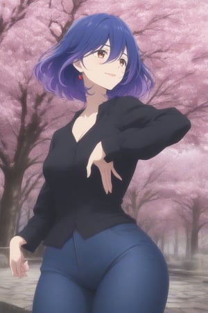 (masterpiece, best quality, 32K ultra HD anime, super high resolution, 1980s /(style/), perfect human anatomy, perfect anatomy), (side view, shot from below), looking at the camera, highlights of breasts,
(vermeil), mature woman, solo,
((short hair, (blue hair, wavy hair, gradient hair, purple hair with tips)), thick parted bangs in the middle, hair between the eyes, beautiful thin long eyebrows, brown eyes, red rose earrings, pink lips, blushing, smiling), (slightly pouting),
((dress shirt), beautiful cleavage, jeans pants), black pumps,
attractive body, high body, beautiful clavicle line, (large breasts; 1.0, firm, firm), beautiful hands, (beautiful fingers, four fingers, one thumb), slightly wide hips; 0.7, slightly large buttocks; 0.8, beautiful_legs, beautiful_knees, beautiful_calves, (beautiful_toes, 4 fingers, 1 thumb),
(standing, legs apart, facing up, on cobblestones), (spring park, cherry blossoms in full bloom, cherry tree, cherry blossoms blowing in the wind),
, core_9_up, score_8_up, score_7_up, score_6_up, source_anime,