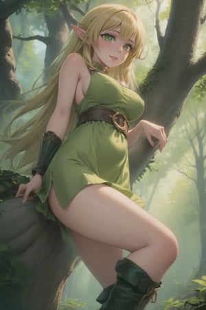 (masterpiece, best quality, 32K ultra HD anime, super high resolution, 1980s /(style/), perfect human anatomy, perfect anatomy), (side view, shot from below), looking at camera, highlights breasts,
(Deedlit), mature woman, elf, solo,
((long hair, blonde hair, center parted bangs, circlet, beautiful long thin eyebrows, lime green eyes, pointed ears, pink lips, blushing, smiling), (mouth slightly open),
(((Deedlit's lime green dress, sleeveless, gold trimmed), (green armor, gold trimmed)), belt, (lime green short skirt, gold trimmed)), black stockings, black boots,
attractive body, high body, beautiful clavicle line, (large breasts; 0.3, firm firmness), beautiful hands, (beautiful fingers, 4 fingers, 1 thumb), slightly wide hips; 0.7, a little big_buttocks; 0.8, beautiful_legs, beautiful_knees, beautiful_calves, (beautiful_toes, 4 fingers, 1 thumb),
(sitting, on a tree branch, legs wide open, on a big tree branch), (forest scenery, big tree branch, big tree, deep forest),
, core_9_up, score_8_up, score_7_up, score_6_up, source_anime, score_9_up