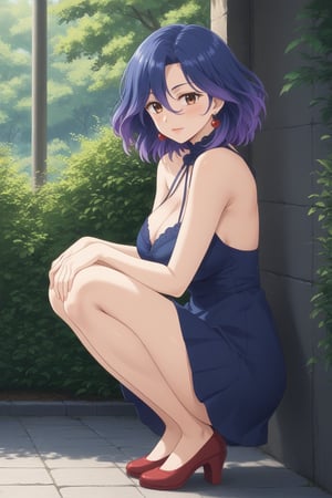 (masterpiece, best quality, 32K ultra HD anime, super high resolution, 1980s /(style/), perfect human anatomy, perfect anatomy), (side view, front shot), looking at camera, highlights of breasts,
(vermeil), mature woman, solo,
((short hair, (blue hair, wavy hair, gradient hair, purple hair)), thick parted bangs, hair between eyes, beautiful thin long eyebrows, brown eyes, red rose earrings, pink lips, blushing, serious face), (slightly pouting),
((navy blue shirt), beautiful cleavage, navy blue mini skirt), red high heels,
attractive body, high body, beautiful clavicle line, (huge breasts; 1.0, firm, firm), beautiful hands, (beautiful fingers, 4 fingers, 1 thumb), slightly wide hips; 0.7, slightly large buttocks; 0.8, beautiful_legs, beautiful_knees, beautiful_calves, (beautiful_toes, 4 fingers, 1 thumb),
(squatting with legs together, half-squatting, facing forward, on cobblestones), (stroking a puppy's head), (spring park scenery, cherry trees in full bloom, cherry blossoms fluttering in the wind),
, core_9_up, score_8_up, score_7_up, score_6_up, source_anime,