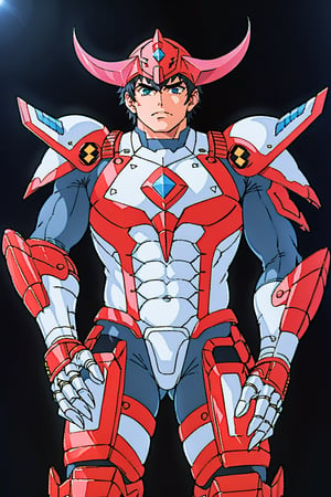 (Excellent, Best Quality, 16K Ultra HD Anime, 1980s /(style/), ultra high resolution, perfect human anatomy, perfect anatomy),
(front view, shot from the front),
(rekka), 1boy, solo, cool guy,
handsome face, detailed face, (short hair, black hair, (muscular eyebrows), (detailed eyes, blue eyes), straight face),
beautiful hands, (beautiful fingertips, four fingers, one thumb),
smooth stomach,
((red helmet, (two horns, blade-like, crescent-shaped, silver)), (armor gear, red armor, four diamond marks on shoulders, yellow, large shoulder armor)), (under gear, white undersuit, gray belly suit), (Japanese sword, two)),
(cool fighting pose, in empty space),
(green background, empty space),
score_9_up, score_8_up, score_7_up, score_6_up, source_anime, BREAK,