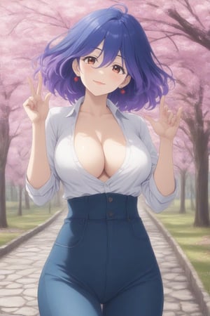 (masterpiece, best quality, 32K ultra HD anime, super high resolution, 1980s /(style/), perfect human anatomy, perfect anatomy), (side view, shot from below), looking at the camera, highlights of breasts,
(vermeil), mature woman, solo,
((short hair, (blue hair, wavy hair, gradient hair, purple hair with tips)), thick parted bangs, hair between eyes, beautiful thin long eyebrows, brown eyes, red rose earrings, pink lips, blush, smiling), (slightly pouting),
((dress shirt), beautiful cleavage, jeans pants), black pumps,
attractive body, high body, beautiful clavicle line, (huge breasts; 0.3, firm, firm), beautiful hands, (beautiful fingers, 4 fingers, 1 thumb), slightly wide hips; 0.7, slightly large ass; 0.8, beautiful_legs, beautiful_knees, beautiful_calves, (beautiful_toes, 4 fingers, 1 thumb),
(standing, legs apart, facing up, on cobblestones), (spring park, cherry blossoms in full bloom, cherry tree, cherry blossoms blowing in the wind),
, core_9_up, score_8_up, score_7_up, score_6_up, source_anime,