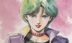 Traditional media, Retro art style, Watercolor, 1980s style, Four Murasame, 1 woman, Solo, Short hair, Blue eyes, Green hair, Lipstick, Smiling, Looking at viewer, Collarbone, (Purple coat, Large turned-up collar), Purple miniskirt, Black long-sleeved shirt, Black 7/8 tights, Light purple socks, Low pumps, (Portrait, Watercolor), Full body,