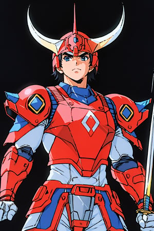 (Excellent, Best Quality, 16K Ultra HD Anime, 1980s /(style/), ultra high resolution, perfect human anatomy, perfect anatomy),
(front view, shot from the front),
(rekka), 1boy, solo, cool guy,
handsome face, detailed face, (short hair, black hair, (muscular eyebrows), (detailed eyes, blue eyes), straight face),
beautiful hands, (beautiful fingertips, four fingers, one thumb),
smooth stomach,
((red helmet, (two horns, blade-like, crescent-shaped, silver)), (armor gear, red armor, four diamond marks on shoulders, yellow)), (under gear, white undersuit, grey belly suit), (Japanese sword, two)),
(cool fighting pose, in empty space),
(green background, empty space),
score_9_up, score_8_up, score_7_up, score_6_up, source_anime, BREAK,