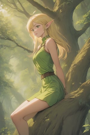 (masterpiece, best quality, 32K ultra HD anime, super high resolution, 1980s /(style/), perfect human anatomy, perfect anatomy), (side view, shot from below), looking at camera, highlights breasts,
(Deedlit), mature woman, elf, solo,
((long hair, blonde hair, center parted bangs, circlet, beautiful long thin eyebrows, lime green eyes, pointed ears, pink lips, blushing, smiling), (mouth slightly open),
(((Deedlit's lime green dress, sleeveless, gold trimmed), (green armor, gold trimmed)), belt, (lime green short skirt, gold trimmed)), black stockings, black boots,
attractive body, high body, beautiful clavicle line, (large breasts; 0.3, firm firmness), beautiful hands, (beautiful fingers, 4 fingers, 1 thumb), slightly wide hips; 0.7, a little big_buttocks; 0.8, beautiful_legs, beautiful_knees, beautiful_calves, (beautiful_toes, 4 fingers, 1 thumb),
(sitting, on a tree branch, legs wide open, on a big tree branch), (forest scenery, big tree branch, big tree, deep forest),
, core_9_up, score_8_up, score_7_up, score_6_up, source_anime, BREAK, score_9, score_9_up