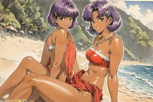 (Masterpiece, Top Quality, Ultra High Resolution, Anatomically Correct, Perfect Anatomy, Exquisite Details, Traditional Media, Retro Art Style, 1980s Style), 1 Girl, Solo, Nadia La Alwall, Purple Hair, Short Bob Cut, Dark Skinned Woman, Red Loincloth, Jewelry, Bandeau, Purple Hair, Hair Clip, Red Vest, Necklace, Beach, Sitting, Supporting Arms, Smiling, Looking at Viewer, Highly Detailed, Clear Lines