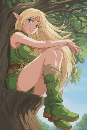 (masterpiece, best quality, 32K ultra HD anime, super high resolution, 1980s /(style/), perfect human anatomy, perfect anatomy), (side view, shot from below), looking at camera, highlights breasts,
(Deedlit), mature woman, elf, solo,
((long hair, blonde hair, center parted bangs, circlet, beautiful long thin eyebrows, lime green eyes, pointed ears, pink lips, blushing, smiling), (mouth slightly open),
(((Deedlit's lime green dress, sleeveless, gold trimmed), (green armor, gold trimmed)), belt, (lime green short skirt, gold trimmed)), black stockings, black boots,
attractive body, high body, beautiful clavicle line, (large breasts; 0.3, firm firmness), beautiful hands, (beautiful fingers, 4 fingers, 1 thumb), slightly wide hips; 0.7, a little big_buttocks; 0.8, beautiful_legs, beautiful_knees, beautiful_calves, (beautiful_toes, 4 fingers, 1 thumb),
(sitting, on a tree branch, legs wide open, on a big tree branch), (forest scenery, big tree branch, big tree, deep forest),
, core_9_up, score_8_up, score_7_up, score_6_up, source_anime, score_9_up