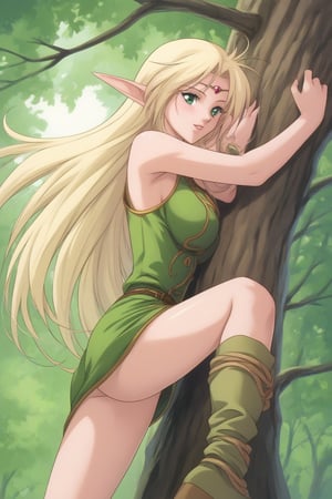 (masterpiece, best quality, 32K ultra HD anime, super high resolution, 1980s /(style/), perfect human anatomy, perfect anatomy), (side view, shot from below), looking at camera, highlights breasts,
(Deedlit), mature woman, elf, solo,
((long hair, blonde hair, center parted bangs, circlet, beautiful long thin eyebrows, lime green eyes, big elven ears, pointed ears, pink lips, blushing, smiling), (mouth slightly open),
(((Deedlit's lime green dress, sleeveless, gold trimmed), (green armor, gold trimmed)), belt, (lime green short skirt, gold trimmed)), black stockings, black boots,
attractive body, high body, beautiful clavicle line, (large breasts; 0.3, firm, firm), beautiful_hands, (beautiful_fingers, 4 fingers, 1 thumb), slightly wide_waist; 0.7, slightly large_buttocks; 0.8, beautiful_legs, beautiful_knees, beautiful_calves, (beautiful_toes, 4 fingers, 1 thumb),
(sitting, on a tree branch, legs wide open, on a big tree branch), (forest scenery, big tree branch, big tree, deep forest),
, core_9_up, score_8_up, score_7_up, score_6_up, source_anime, BREAK, score_9,