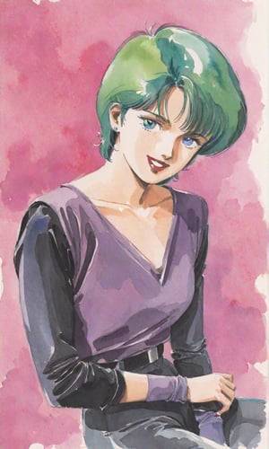 Traditional media, Retro art style, Watercolor, 1980s style, Four Murasame, 1 woman, Solo, Short hair, Blue eyes, Green hair, Lipstick, Smiling, Looking at viewer, Collarbone, Purple shirt, Black long sleeve shirt, Black 7/8 tights, Light purple socks, Low pumps, (Portrait, Watercolor), Full body,