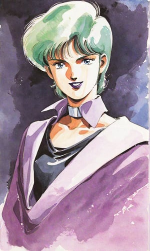 Traditional media, Retro art style, Watercolor, 1980s style, Four Murasame, 1 woman, Solo, Teenage girl, Short hair, Blue eyes, Green hair, Lipstick, Smiling, Looking at viewer, Collarbone, (Purple cape, Large turned-up collar), Purple miniskirt, Black long-sleeved shirt, Black 7/8 tights, Light purple socks, Low pumps, (Portrait, Watercolor), Full body,