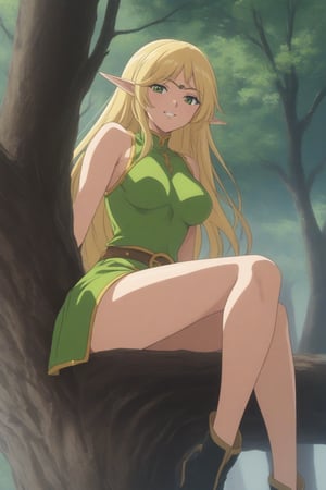 (masterpiece, best quality, 32K ultra HD anime, super high resolution, 1980s /(style/), perfect human anatomy, perfect anatomy), (side view, shot from below), looking at camera, highlights breasts,
(Deedlit), mature woman, elf, solo,
((long hair, blonde hair, center parted bangs, circlet, beautiful long thin eyebrows, lime green eyes, big elven ears, pointed ears, pink lips, blushing, smiling), (mouth slightly open),
(((Deedlit's lime green dress, sleeveless, gold trimmed), (green armor, gold trimmed)), belt, (lime green short skirt, gold trimmed)), black stockings, black boots,
attractive body, high body, beautiful clavicle line, (large breasts; 0.3, firm, firm), beautiful_hands, (beautiful_fingers, 4 fingers, 1 thumb), slightly wide_waist; 0.7, slightly large_buttocks; 0.8, beautiful_legs, beautiful_knees, beautiful_calves, (beautiful_toes, 4 fingers, 1 thumb),
(sitting, on a tree branch, legs wide open, on a big tree branch), (forest scenery, big tree branch, big tree, deep forest),
, core_9_up, score_8_up, score_7_up, score_6_up, source_anime, BREAK, score_9,