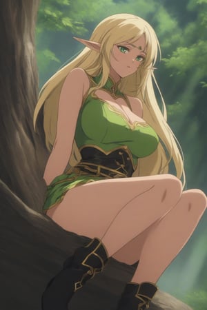 (masterpiece, best quality, 32K ultra HD anime, super high resolution, 1980s /(style/), perfect human anatomy, perfect anatomy), (side view, shot from below), looking at camera, highlights breasts,
(Deedlit), mature woman, elf, solo,
((long hair, blonde hair, center parted bangs, circlet, beautiful long thin eyebrows, lime green eyes, big elven ears, pointed ears, pink lips, blushing, smiling), (mouth slightly open),
(((Deedlit's lime green dress, sleeveless, gold trim), (green armor, gold trim)), beautiful cleavage, belt, (lime green short skirt, gold trim)), black stockings, black boots,
attractive body, high body, beautiful clavicle line, (large breasts; 0.3, firm, firm), beautiful_hands, (beautiful_fingers, 4 fingers, 1 thumb), slightly wide_waist; 0.7, slightly large_buttocks; 0.8, beautiful_legs, beautiful_knees, beautiful_calves, (beautiful_toes, 4 fingers, 1 thumb),
(sitting, on a tree branch, legs wide open, on a big tree branch), (forest scenery, big tree branch, big tree, deep forest),
, core_9_up, score_8_up, score_7_up, score_6_up, source_anime, BREAK, score_9,