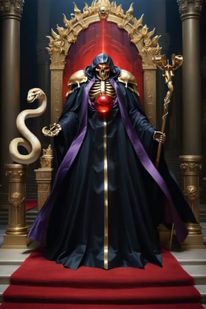 (masterpiece, best quality, 32K ultra HD animation, super high resolution, artistic shading, accurate human anatomy, perfect anatomy),
(side view, bottom angle), full body shot, (eyes on camera),
Ainz Ooal Gown \(Overlord\), one boy, solo,
skull, skeleton, red eyes, glowing, glowing red ball inside body,
black hood, shoulder pads, (black robe, purple rim), (staff, snake object holding seven colored gems in its mouth)
(palace background, huge stone pillars lined up, (red carpet, gold rim), luxurious throne, steps to the throne, huge coat of arms flag),
core_9_up, score_8_up, score_7_up, score_6_up, source_anime,
