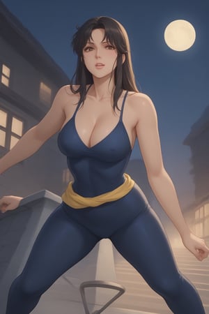 (masterpiece, best quality, 32K Ultra HD anime, super high resolution, 1980s /(style/), traditional media, perfect human anatomy, perfect anatomy),
(front view, shot from below), looking at the camera, highlights on breasts,
(fh1to), mature woman, solo,
((long hair, black hair, straight hair, messy hair, unevenly parted bangs, beautiful thin long eyebrows, (brown eyes, thin eyes, kind eyes), pink lips, blushing, teary eyes, smiling), heavy breathing, white breath, slightly open mouth, drooling,
attractive body, plump body, voluptuous body, beautiful collarbone line, (large breasts; 0.5, firm breasts, traces of erect nipples), beautiful deep cleavage, beautiful hands, (beautiful fingers, four fingers, one thumb), smooth stomach, slightly wide waist; 0.7, slightly large beautiful buttocks;0.1, beautiful pussy line, beautiful legs, beautiful knees, beautiful calves, (beautiful toes, four fingers, one thumb),
(blue_catsuit_yellow_belt, yellow scarf around waist, blue tights, blue high heels),
(jumping in, jumping at the viewer, spreading arms wide, legs wide, on the roof of a building, in the darkness of night),
(scenery on the roof of a building, big building, iron piping, outdoor unit, searchlight, iron door, iron fence, night),
core_9_up,score_8_up,score_7_up,score_6_up,source_anime,BREAK,score_9,score_4_up,score_5_up,