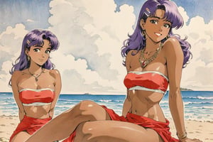 (Masterpiece, Top Quality, Ultra High Resolution, Anatomically Correct, Perfect Anatomy, Exquisite Details, Traditional Media, Retro Art Style, 1980s Style), 1 Girl, Solo, Nadia La Alwall, Purple Hair, Dark Skinned Woman, Red Loincloth, Jewelry, Bandeau, Purple Hair, Hair Clip, Red Vest, Necklace, Beach, Sitting, Supporting Arms, Smiling, Looking at Viewer, Highly Detailed, Clear Lines