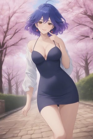 (masterpiece, best quality, 32K ultra HD anime, super high resolution, 1980s /(style/), perfect human anatomy, perfect anatomy), (side view, shot from below), looking at the camera, highlights of breasts,
(vermeil), mature woman, solo,
((short hair, (blue hair, wavy hair, gradient hair, purple hair with tips)), thick parted bangs in the middle, hair between the eyes, beautiful thin long eyebrows, brown eyes, red rose earrings, pink lips, blushing, smiling), (slightly pouting),
((dress shirt), beautiful cleavage, jeans pants), black pumps,
attractive body, high body, beautiful clavicle line, (large breasts; 1.0, firm, firm), beautiful hands, (beautiful fingers, four fingers, one thumb), slightly wide hips; 0.7, slightly large buttocks; 0.8, beautiful_legs, beautiful_knees, beautiful_calves, (beautiful_toes, 4 fingers, 1 thumb),
(standing, legs apart, facing up, on cobblestones), (spring park, cherry blossoms in full bloom, cherry tree, cherry blossoms blowing in the wind),
, core_9_up, score_8_up, score_7_up, score_6_up, source_anime,