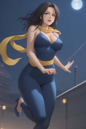 (masterpiece, best quality, 32K Ultra HD anime, ultra high resolution, 1980s /(style/), traditional media, perfect human anatomy, perfect anatomy),
(front view, shot from below), looking at the camera, highlights on breasts,
(fh1to), mature woman, solo,
((long hair, black hair, straight hair, messy hair, unevenly parted bangs, beautiful thin long eyebrows, (brown eyes, thin eyes, kind eyes), pink lips, blushing, teary eyes, smiling), heavy breathing, white breath, slightly open mouth, drooling,
attractive body, plump body, voluptuous body, beautiful collarbone line, (large breasts; 0.5, firm breasts, traces of erect nipples), beautiful deep cleavage, beautiful hands, (beautiful fingers, four fingers, one thumb), smooth stomach, slightly wide waist; 0.7, slightly large buttocks; 0.1, beautiful Beautiful pussy line, beautiful legs, beautiful knees, beautiful calves, (beautiful toes, four fingers, one thumb),
(blue_catsuit_yellow_belt, yellow scarf around waist, blue tights, blue high heels),
(jumping in, hugging, jumping, arms wide open, legs wide open, at the viewer, from high up, with the moon at her back, in the darkness of the night),
(rooftop scenery, big building, iron piping, air conditioner, searchlight, iron door, iron fence, night, big moon behind),
core_9_up, score_8_up, score_7_up, score_6_up, source_anime, BREAK, score_9, score_4_up, score_5_up,