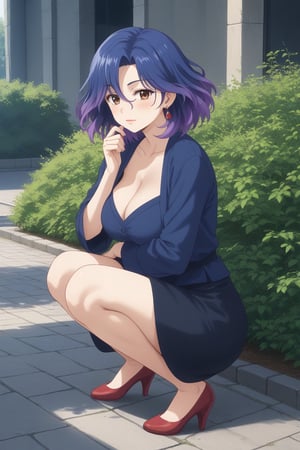 (masterpiece, best quality, 32K ultra HD anime, super high resolution, 1980s /(style/), perfect human anatomy, perfect anatomy), (side view, front shot), looking at camera, highlights of breasts,
(vermeil), mature woman, solo,
((short hair, (blue hair, wavy hair, gradient hair, purple hair)), thick parted bangs, hair between eyes, beautiful thin long eyebrows, brown eyes, red rose earrings, pink lips, blushing, serious face), (slightly pouting),
((navy blue shirt), beautiful cleavage, navy blue mini skirt), red high heels,
attractive body, high body, beautiful clavicle line, (huge breasts; 1.0, firm, firm), beautiful hands, (beautiful fingers, 4 fingers, 1 thumb), slightly wide hips; 0.7, slightly large buttocks; 0.8, beautiful_legs, beautiful_knees, beautiful_calves, (beautiful_toes, 4 fingers, 1 thumb),
(squatting with legs together, half-squatting, facing forward, on cobblestones), (stroking a puppy's head), (spring park scenery, cherry trees in full bloom, cherry blossoms fluttering in the wind),
, core_9_up, score_8_up, score_7_up, score_6_up, source_anime,