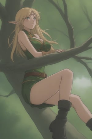 (masterpiece, best quality, 32K ultra HD anime, super high resolution, 1980s /(style/), perfect human anatomy, perfect anatomy), (side view, shot from below), looking at camera, highlights breasts,
(Deedlit), mature woman, elf, solo,
((long hair, blonde hair, center parted bangs, circlet, beautiful long thin eyebrows, lime green eyes, big elven ears, pointed ears, pink lips, blushing, smiling), (mouth slightly open),
(((Deedlit's lime green dress, sleeveless, gold trimmed), (green armor, gold trimmed)), belt, (lime green short skirt, gold trimmed)), black stockings, black boots,
attractive body, high body, beautiful clavicle line, (large breasts; 0.3, firm, firm), beautiful_hands, (beautiful_fingers, 4 fingers, 1 thumb), slightly wide_waist; 0.7, slightly large_buttocks; 0.8, beautiful_legs, beautiful_knees, beautiful_calves, (beautiful_toes, 4 fingers, 1 thumb),
(sitting, on a tree branch, legs wide open, on a big tree branch), (forest scenery, big tree branch, big tree, deep forest),
, core_9_up, score_8_up, score_7_up, score_6_up, source_anime, BREAK, score_9,