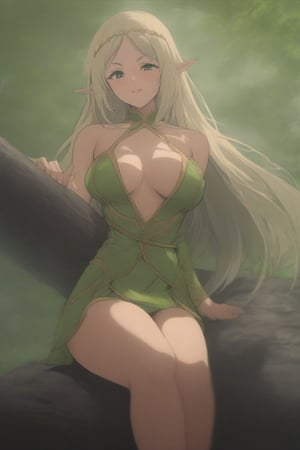 (masterpiece, best quality, 32K ultra HD anime, super high resolution, 1980s /(style/), perfect human anatomy, perfect anatomy), (side view, shot from below), looking at camera, highlights breasts,
(Deedlit), mature woman, elf, solo,
((long hair, blonde hair, center parted bangs, circlet, beautiful long thin eyebrows, lime green eyes, pointed ears, pink lips, blushing, smiling), (mouth slightly open),
(((Deedlit's lime green dress, sleeveless, gold trimmed), (green armor, gold trimmed)), belt, (lime green short skirt, gold trimmed)), black stockings, black boots,
attractive body, high body, beautiful clavicle line, (large breasts; 0.3, firm firmness), beautiful hands, (beautiful fingers, 4 fingers, 1 thumb), slightly wide hips; 0.7, a little big_buttocks; 0.8, beautiful_legs, beautiful_knees, beautiful_calves, (beautiful_toes, 4 fingers, 1 thumb),
(sitting, on a tree branch, legs wide open, on a big tree branch), (forest scenery, big tree branch, big tree, deep forest),
, core_9_up, score_8_up, score_7_up, score_6_up, source_anime, score_9_up