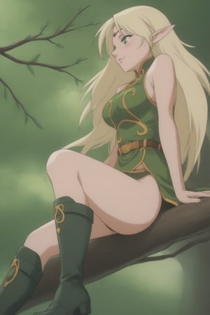 (masterpiece, best quality, 32K ultra HD anime, super high resolution, 1980s /(style/), perfect human anatomy, perfect anatomy), (side view, shot from below), looking at camera, highlights breasts,
(Deedlit), mature woman, elf, solo,
((long hair, blonde hair, center parted bangs, circlet, beautiful long thin eyebrows, lime green eyes, big elven ears, pointed ears, pink lips, blushing, smiling), (mouth slightly open),
(((Deedlit's lime green dress, sleeveless, gold trimmed), (green armor, gold trimmed)), belt, (lime green short skirt, gold trimmed)), black stockings, black boots,
attractive body, high body, beautiful clavicle line, (large breasts; 0.3, firm, firm), beautiful_hands, (beautiful_fingers, 4 fingers, 1 thumb), slightly wide_waist; 0.7, slightly large_buttocks; 0.8, beautiful_legs, beautiful_knees, beautiful_calves, (beautiful_toes, 4 fingers, 1 thumb),
(sitting, on a tree branch, legs wide open, on a big tree branch), (forest scenery, big tree branch, big tree, deep forest),
, core_9_up, score_8_up, score_7_up, score_6_up, source_anime, BREAK, score_9,score_9_up