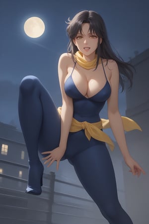 (masterpiece, best quality, 32K Ultra HD anime, ultra high resolution, 1980s /(style/), traditional media, perfect human anatomy, perfect anatomy),
(front view, shot from below), looking at the camera, highlights on breasts,
(fh1to), mature woman, solo,
((long hair, black hair, straight hair, messy hair, unevenly parted bangs, beautiful thin long eyebrows, (brown eyes, thin eyes, kind eyes), pink lips, blushing, teary eyes, smiling), heavy breathing, white breath, slightly open mouth, drooling,
attractive body, plump body, voluptuous body, beautiful collarbone line, (large breasts; 0.5, firm breasts, traces of erect nipples), beautiful deep cleavage, beautiful hands, (beautiful fingers, four fingers, one thumb), smooth stomach, slightly wide waist; 0.7, slightly large buttocks; 0.1, beautiful Beautiful pussy line, beautiful legs, beautiful knees, beautiful calves, (beautiful toes, four fingers, one thumb),
(blue_catsuit_yellow_belt, yellow scarf around waist, blue tights, blue high heels),
(jumping in, hugging, jumping, arms wide open, legs wide open, at the viewer, from high up, with the moon at her back, in the darkness of the night),
(rooftop scenery, big building, iron piping, air conditioner, searchlight, iron door, iron fence, night, big moon behind),
core_9_up, score_8_up, score_7_up, score_6_up, source_anime, BREAK, score_9, score_4_up, score_5_up,