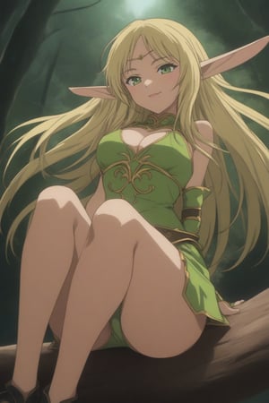 (masterpiece, best quality, 32K ultra HD anime, super high resolution, 1980s /(style/), perfect human anatomy, perfect anatomy), (side view, shot from below), looking at camera, highlights breasts,
(Deedlit), mature woman, elf, solo,
((long hair, blonde hair, center parted bangs, circlet, beautiful long thin eyebrows, lime green eyes, big elven ears, pointed ears, pink lips, blushing, smiling), (mouth slightly open),
(((Deedlit's lime green dress, sleeveless, gold trim), (green armor, gold trim)), beautiful cleavage, belt, (lime green short skirt, gold trim)), black stockings, black boots,
attractive body, high body, beautiful clavicle line, (large breasts; 0.3, firm, firm), beautiful_hands, (beautiful_fingers, 4 fingers, 1 thumb), slightly wide_waist; 0.7, slightly large_buttocks; 0.8, beautiful_legs, beautiful_knees, beautiful_calves, (beautiful_toes, 4 fingers, 1 thumb),
(sitting, on a tree branch, legs wide open, on a big tree branch), (forest scenery, big tree branch, big tree, deep forest),
, core_9_up, score_8_up, score_7_up, score_6_up, source_anime, BREAK, score_9,