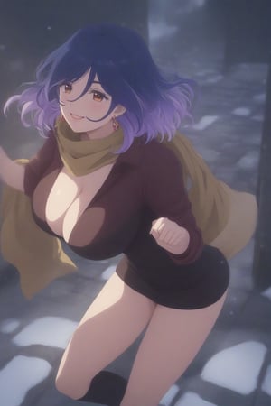 (masterpiece, best quality, 32K ultra HD anime, super high resolution, 1980s /(style/), perfect human anatomy, perfect anatomy), (side view, shot from below), looking at the camera, highlights of breasts,
(vermeil), mature woman, solo,
((short hair, (blue hair, wavy hair, gradient hair, purple hair with tips)), thick parted bangs, hair between eyes, beautiful thin long eyebrows, brown eyes, red rose earrings, pink lips, blush, smiling), (mouth slightly open),
((red leather jacket, yellow scarf), beautiful cleavage, denim skirt), black stockings, black boots,
attractive body, high body, beautiful clavicle line, (huge breasts; 0.3, firm firmness), beautiful hands, (beautiful fingers, 4 fingers, 1 thumb), slightly wide hips; 0.7, a little big_butt; 0.8, beautiful_legs, beautiful_knees, beautiful_calves, (beautiful_toes, 4 fingers, 1 thumb),
(dancing, dancing, legs wide open, doing various poses with both hands, on the cobblestones), (winter park, falling snow, blizzard, silver world),
, core_9_up, score_8_up, score_7_up, score_6_up, source_anime, BREAK, score_9,
