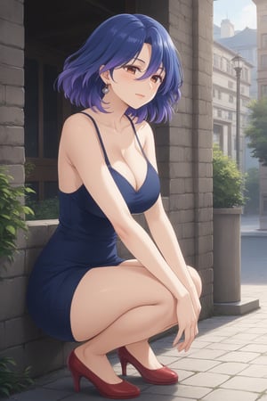 (masterpiece, best quality, 32K ultra HD anime, super high resolution, 1980s /(style/), perfect human anatomy, perfect anatomy), (side view, front shot), looking at camera, highlights of breasts,
(vermeil), mature woman, solo,
((short hair, (blue hair, wavy hair, gradient hair, purple hair)), thick parted bangs, hair between eyes, beautiful thin long eyebrows, brown eyes, red rose earrings, pink lips, blushing, serious face), (slightly pouting),
((navy blue shirt), beautiful cleavage, navy blue mini skirt), red high heels,
attractive body, high body, beautiful clavicle line, (huge breasts; 1.0, firm, firm), beautiful hands, (beautiful fingers, 4 fingers, 1 thumb), slightly wide hips; 0.7, slightly large buttocks; 0.8, beautiful_legs, beautiful_knees, beautiful_calves, (beautiful_toes, 4 fingers, 1 thumb),
(squatting with legs together, half-squatting, facing forward, on cobblestones), (stroking a puppy's head), (spring park scenery, cherry trees in full bloom, cherry blossoms fluttering in the wind),
, core_9_up, score_8_up, score_7_up, score_6_up, source_anime,