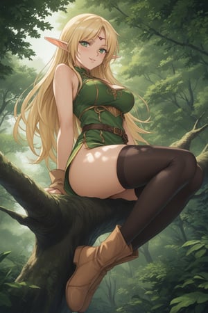 (masterpiece, best quality, 32K ultra HD anime, super high resolution, 1980s /(style/), perfect human anatomy, perfect anatomy), (side view, shot from below), looking at camera, highlights breasts,
(Deedlit), mature woman, elf, solo,
((long hair, blonde hair, center parted bangs, circlet, beautiful long thin eyebrows, lime green eyes, big elven ears, pointed ears, pink lips, blushing, smiling), (mouth slightly open),
(((Deedlit's lime green dress, sleeveless, gold trimmed), (green armor, gold trimmed)), belt, (lime green short skirt, gold trimmed)), black stockings, black boots,
attractive body, high body, beautiful clavicle line, (large breasts; 0.3, firm, firm), beautiful_hands, (beautiful_fingers, 4 fingers, 1 thumb), slightly wide_waist; 0.7, slightly large_buttocks; 0.8, beautiful_legs, beautiful_knees, beautiful_calves, (beautiful_toes, 4 fingers, 1 thumb),
(sitting, on a tree branch, legs wide open, on a big tree branch), (forest scenery, big tree branch, big tree, deep forest),
, core_9_up, score_8_up, score_7_up, score_6_up, source_anime, BREAK, score_9,