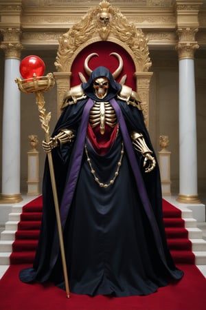 (masterpiece, best quality, 32K ultra HD animation, super high resolution, artistic shading, accurate human anatomy, perfect anatomy),
(side view, bottom angle), full body shot, (eyes on camera),
Ainz Ooal Gown \(Overlord\), one boy, solo,
skull, skeleton, red eyes, glowing, glowing red ball inside body
black hood with gold trim, (large white shoulder pads, red balls inlaid), (black robe, purple trim), (scepter, snake object holding seven colored gems in its mouth),
(palace background, huge stone pillars lined up, (red carpet, gold trim), luxurious throne, steps to the throne, huge coat of arms flag),
core_9_up, score_8_up, score_7_up, score_6_up, source_anime,