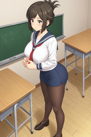 (masterpiece, best quality, 32K ultra HD anime, super high resolution, 1980s /(style/), perfect human anatomy, perfect anatomy, NSFW), (side view, shot from above), looking at camera, highlights of breasts,
(kanakojixl), mature woman, solo,
((short hair, black hair, folded ponytail, unevenly parted bangs, beautiful thin long eyebrows, black eyes, pink lips, blushing, smiling), (mouth slightly open),
navy blue sailor uniform collar, white shirt, navy blue sailor uniform skirt, black thong panties, black pantyhose, school shoes,
attractive body, beautiful collarbone line, (large breasts; 0.3, firm, firm), beautiful hands, (beautiful fingers, 4 fingers, 1 thumb), slightly wide hips; 0.7, slightly large ass; 0.8, beautiful_legs, beautiful_knees, beautiful_calves, (beautiful_toes, 4_fingers, 1_thumb),
(standing, facing forward, legs wide open, hands clutching chest, in classroom), (school scene, dim light, classroom, podium, large blackboard, timetable, TV monitor),
, core_9_up, score_8_up, score_7_up, score_6_up, source_anime, BREAK, score_9,