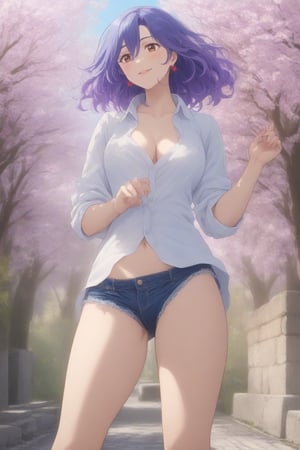 (masterpiece, best quality, 32K ultra HD anime, super high resolution, 1980s /(style/), perfect human anatomy, perfect anatomy), (side view, shot from below), looking at the camera, highlights of breasts,
(vermeil), mature woman, solo,
((short hair, (blue hair, wavy hair, gradient hair, purple hair with tips)), thick parted bangs, hair between eyes, beautiful thin long eyebrows, brown eyes, red rose earrings, pink lips, blush, smiling), (slightly pouting),
((dress shirt), beautiful cleavage, denim shorts), black pumps,
attractive body, high body, beautiful clavicle line, (large breasts; 1.0, firm, firm), beautiful hands, (beautiful fingers, four fingers, one thumb), slightly wide hips; 0.7, slightly large buttocks; 0.8, beautiful_legs, beautiful_knees, beautiful_calves, (beautiful_toes, 4 fingers, 1 thumb),
(standing, legs apart, facing up, on cobblestones), (spring park, cherry blossoms in full bloom, cherry tree, cherry blossoms blowing in the wind),
, core_9_up, score_8_up, score_7_up, score_6_up, source_anime,