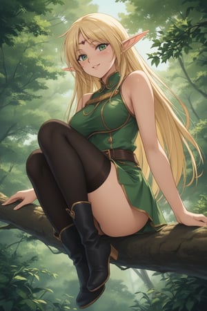 (masterpiece, best quality, 32K ultra HD anime, super high resolution, 1980s /(style/), perfect human anatomy, perfect anatomy), (side view, shot from below), looking at camera, highlights breasts,
(Deedlit), mature woman, elf, solo,
((long hair, blonde hair, center parted bangs, circlet, beautiful long thin eyebrows, lime green eyes, big elven ears, pointed ears, pink lips, blushing, smiling), (mouth slightly open),
(((Deedlit's lime green dress, sleeveless, gold trimmed), (green armor, gold trimmed)), belt, (lime green short skirt, gold trimmed)), black stockings, black boots,
attractive body, high body, beautiful clavicle line, (large breasts; 0.3, firm, firm), beautiful_hands, (beautiful_fingers, 4 fingers, 1 thumb), slightly wide_waist; 0.7, slightly large_buttocks; 0.8, beautiful_legs, beautiful_knees, beautiful_calves, (beautiful_toes, 4 fingers, 1 thumb),
(sitting, on a tree branch, legs wide open, on a big tree branch), (forest scenery, big tree branch, big tree, deep forest),
, core_9_up, score_8_up, score_7_up, score_6_up, source_anime, BREAK, score_9,