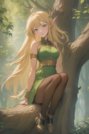 (masterpiece, best quality, 32K ultra HD anime, super high resolution, 1980s /(style/), perfect human anatomy, perfect anatomy), (side view, shot from below), looking at camera, highlights breasts,
(Deedlit), mature woman, elf, solo,
((long hair, blonde hair, center parted bangs, circlet, beautiful long thin eyebrows, lime green eyes, pointed ears, pink lips, blushing, smiling), (mouth slightly open),
(((Deedlit's lime green dress, sleeveless, gold trimmed), (green armor, gold trimmed)), belt, (lime green short skirt, gold trimmed)), black stockings, black boots,
attractive body, high body, beautiful clavicle line, (large breasts; 0.3, firm firmness), beautiful hands, (beautiful fingers, 4 fingers, 1 thumb), slightly wide hips; 0.7, a little big_buttocks; 0.8, beautiful_legs, beautiful_knees, beautiful_calves, (beautiful_toes, 4 fingers, 1 thumb),
(sitting, on a tree branch, legs wide open, on a big tree branch), (forest scenery, big tree branch, big tree, deep forest),
, core_9_up, score_8_up, score_7_up, score_6_up, source_anime, BREAK, score_9, score_9_up