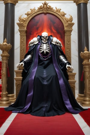 (masterpiece, best quality, 32K ultra-high resolution oil painting, super high resolution, artistic shading, accurate human anatomy, perfect anatomy),
(side view, bottom angle), full body shot, (eyes on camera),
Ainz Ooal Gown \(Overlord\), one boy, solo,
white skull, white skeleton, red eyes, glowing, glowing red ball in chest,
black hood with gold trim, (white giant shoulder pads, red balls inlaid), (black robe, purple trim), (scepter, snake holds seven-colored gem on staff),
(palace background, huge stone pillars lined up, (red carpet, gold trim), luxurious throne, steps to the throne, huge coat of arms flag),
core_9_up, score_8_up, score_7_up, score_6_up, source_anime,